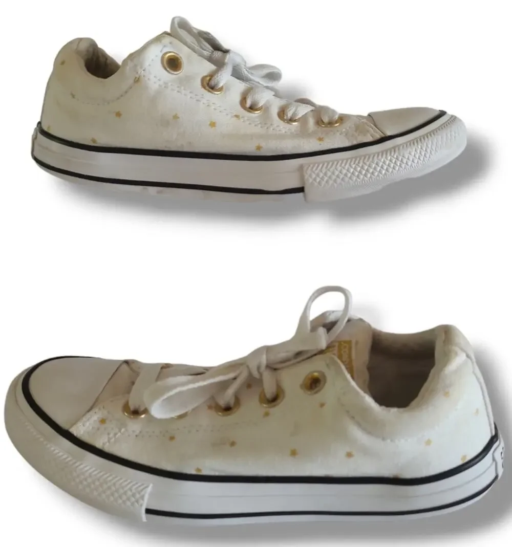 Converse All Star Girls SZ 2 Low Top Chuck Taylor Sneaker Polka Stars White Gold